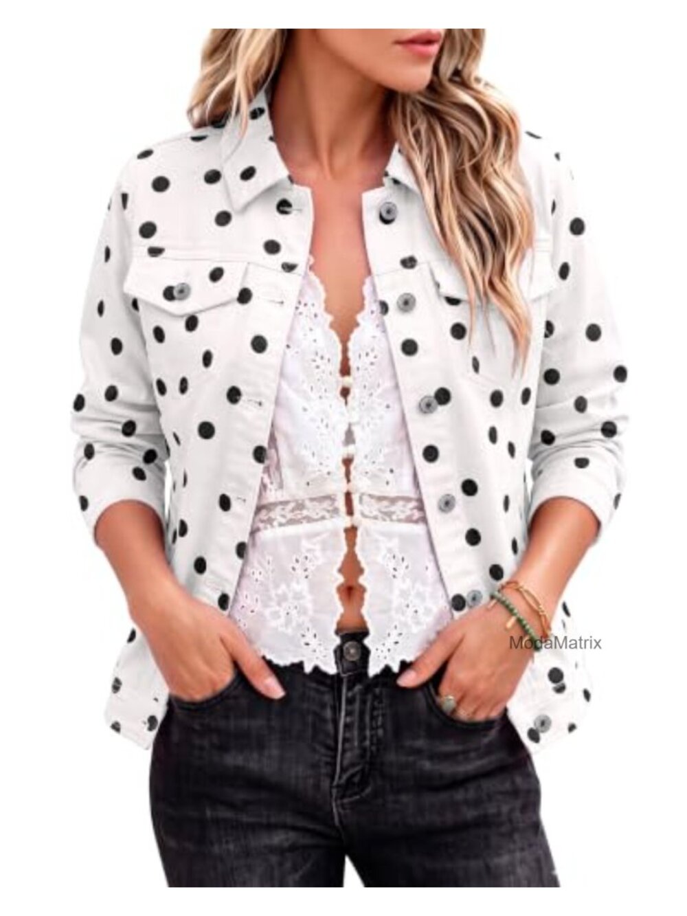 Womens Stretch Denim Jacket Polka Dot Button-Down Trucker Jean Jacket with